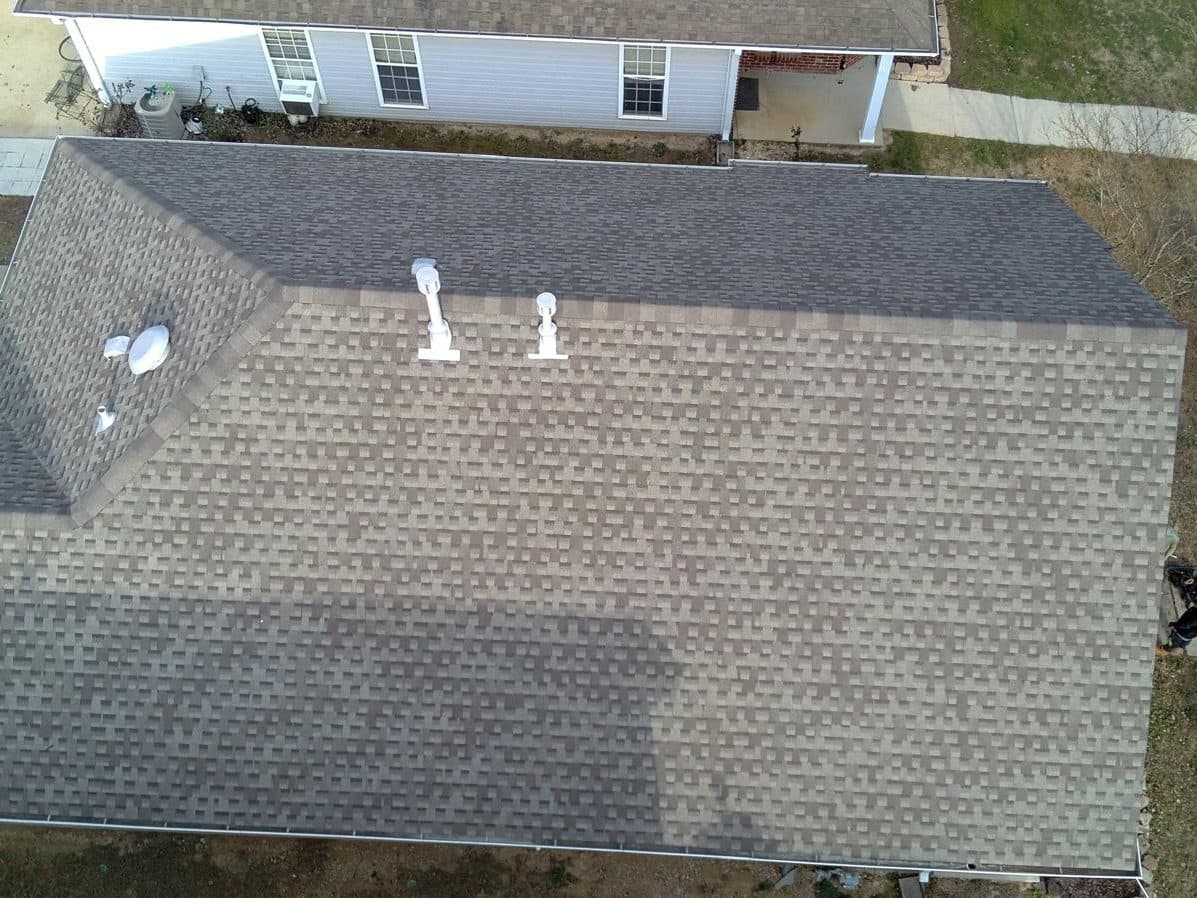 Finished shingle roof seen from above
